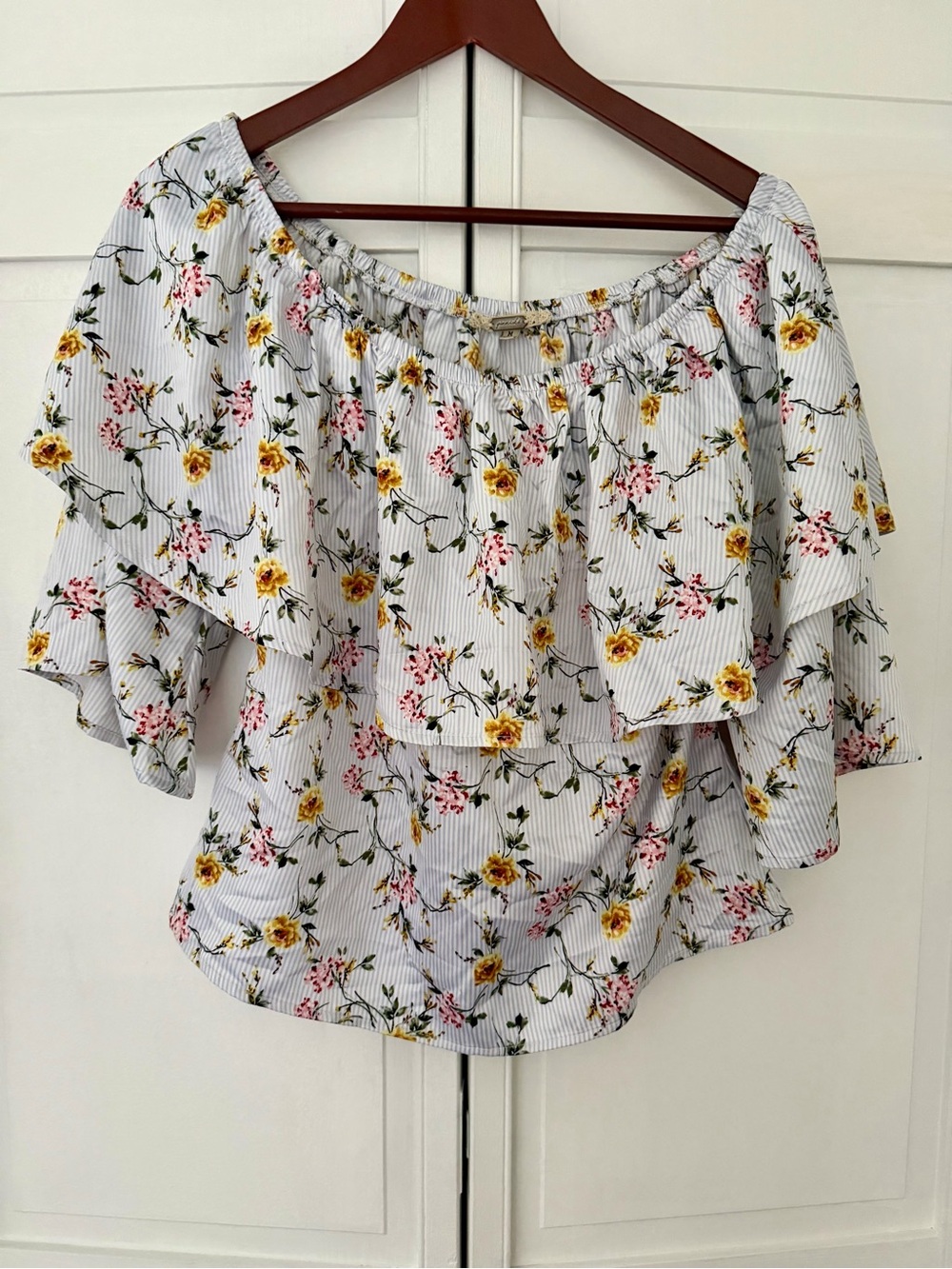 Floral Off-Shoulder Ruffle Top - Yellow Floral on Light Blue